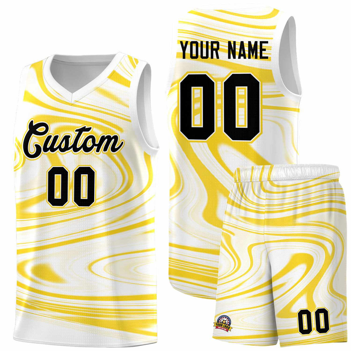 Custom White Gold Graffiti Pattern Fluids Style Sports Uniform Basketball Jersey Kits|KXKSHOP