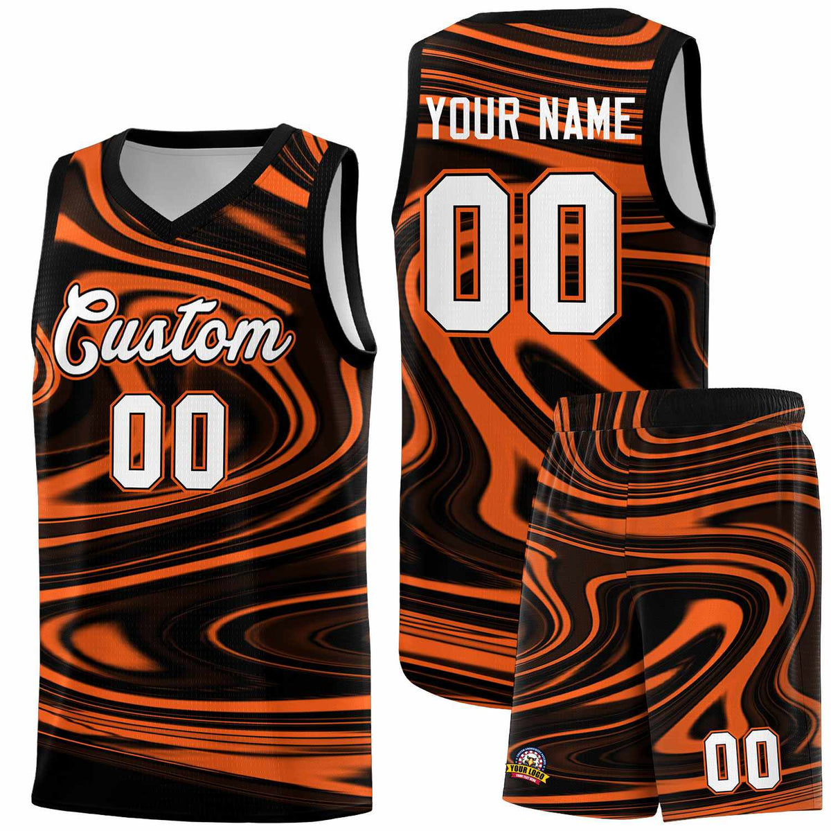 Custom Black Orange Graffiti Pattern Fluids Style Sports Uniform Basketball Jersey Kits|KXKSHOP