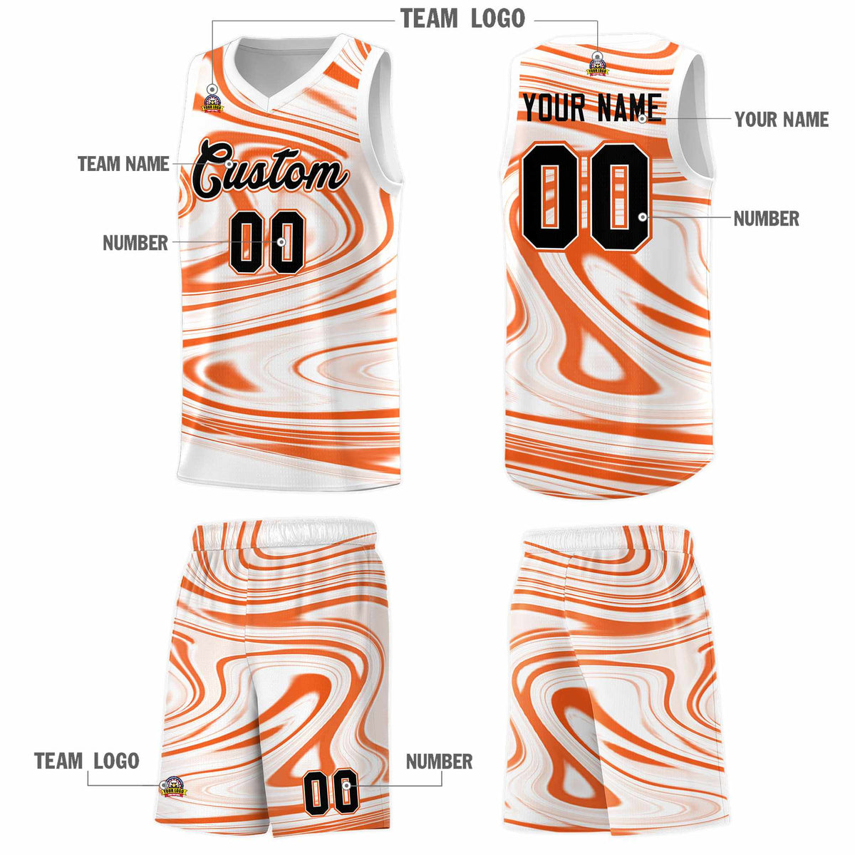 Custom White Orange Graffiti Pattern Fluids Style Sports Uniform Basketball Jersey Kits|KXKSHOP