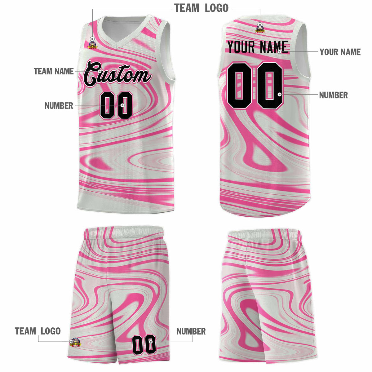 Custom Gray Pink Graffiti Pattern Fluids Style Sports Uniform Basketball Jersey Kits|KXKSHOP
