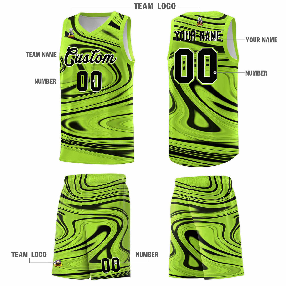 Custom Light Green Black Graffiti Pattern Fluids Style Sports Uniform Basketball Jersey Kits|KXKSHOP