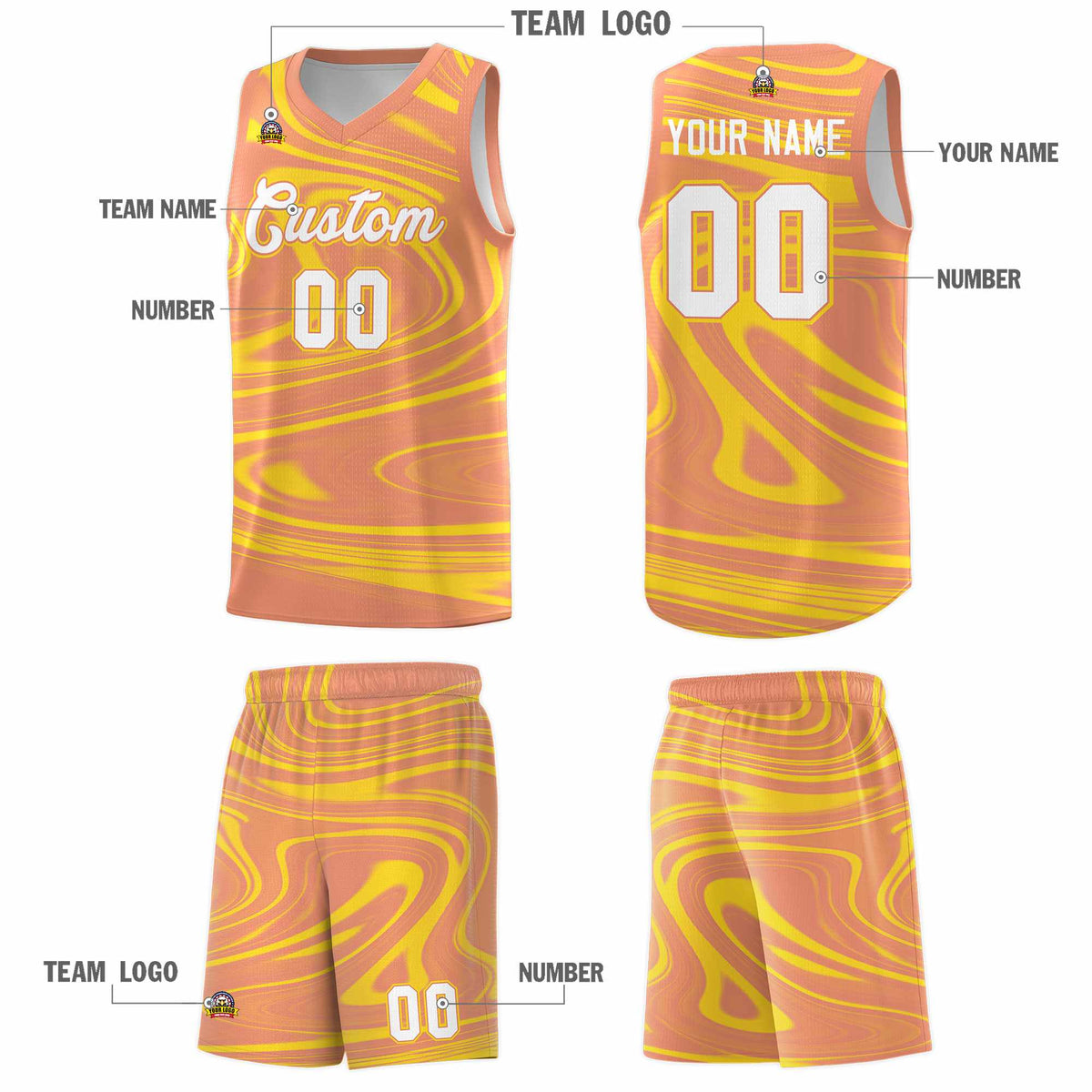 Custom Light Orange Gold Graffiti Pattern Fluids Style Sports Uniform Basketball Jersey Kits|KXKSHOP