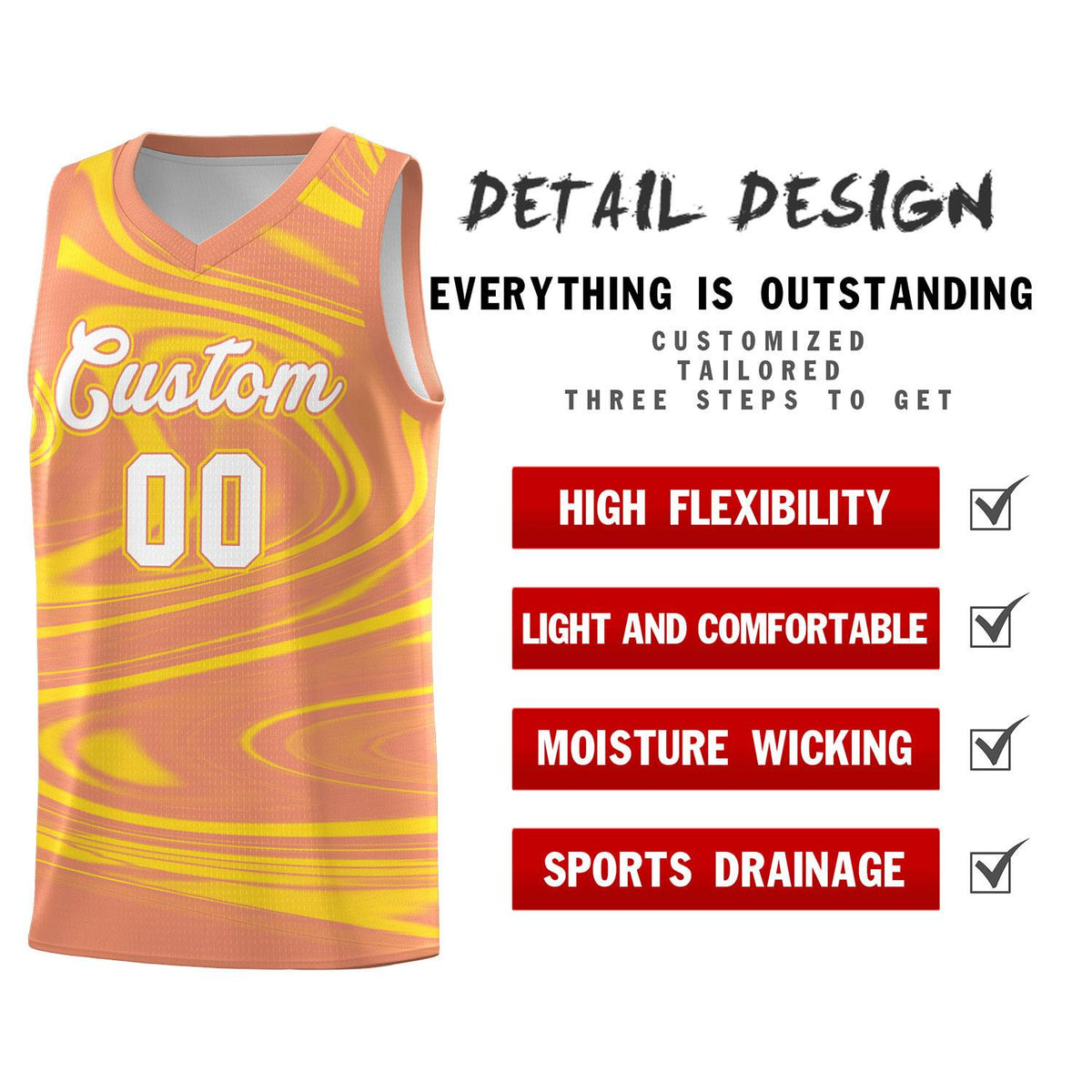 Custom Light Orange Gold Graffiti Pattern Fluids Style Sports Uniform Basketball Jersey Kits|KXKSHOP