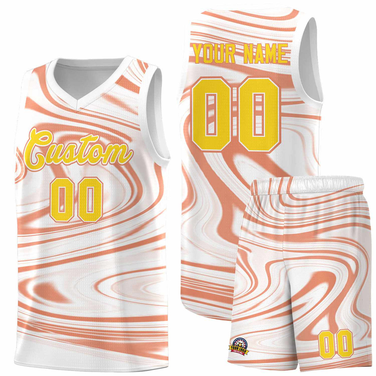 Custom White Light Orange Graffiti Pattern Fluids Style Sports Uniform Basketball Jersey Kits|KXKSHOP