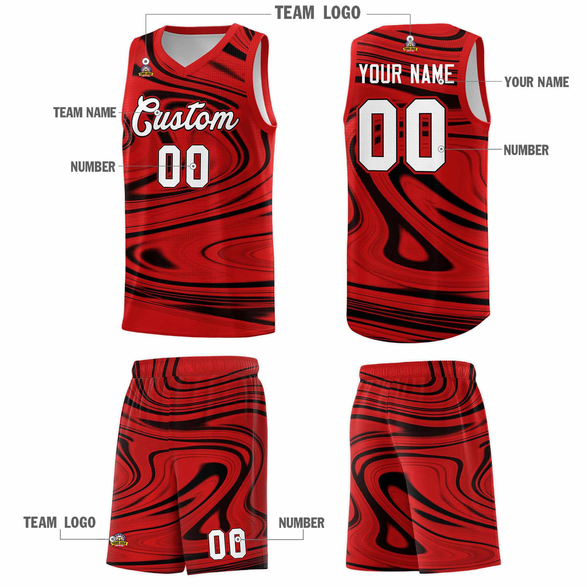 Custom Red Black Graffiti Pattern Fluids Style Sports Uniform Basketball Jersey Kits|KXKSHOP