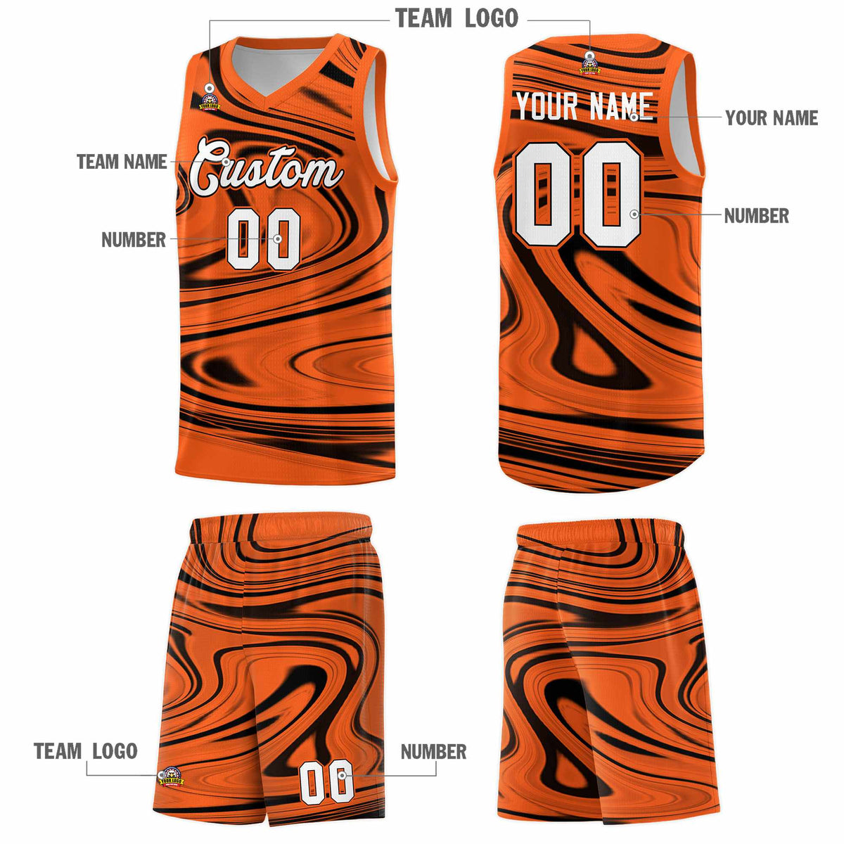 Custom Orange Black Graffiti Pattern Fluids Style Sports Uniform Basketball Jersey Kits|KXKSHOP