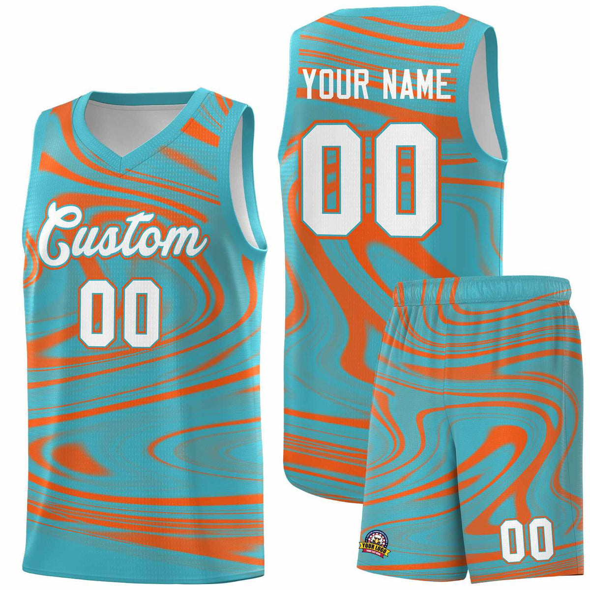 Custom Aqua Orange Graffiti Pattern Fluids Style Sports Uniform Basketball Jersey Kits|KXKSHOP