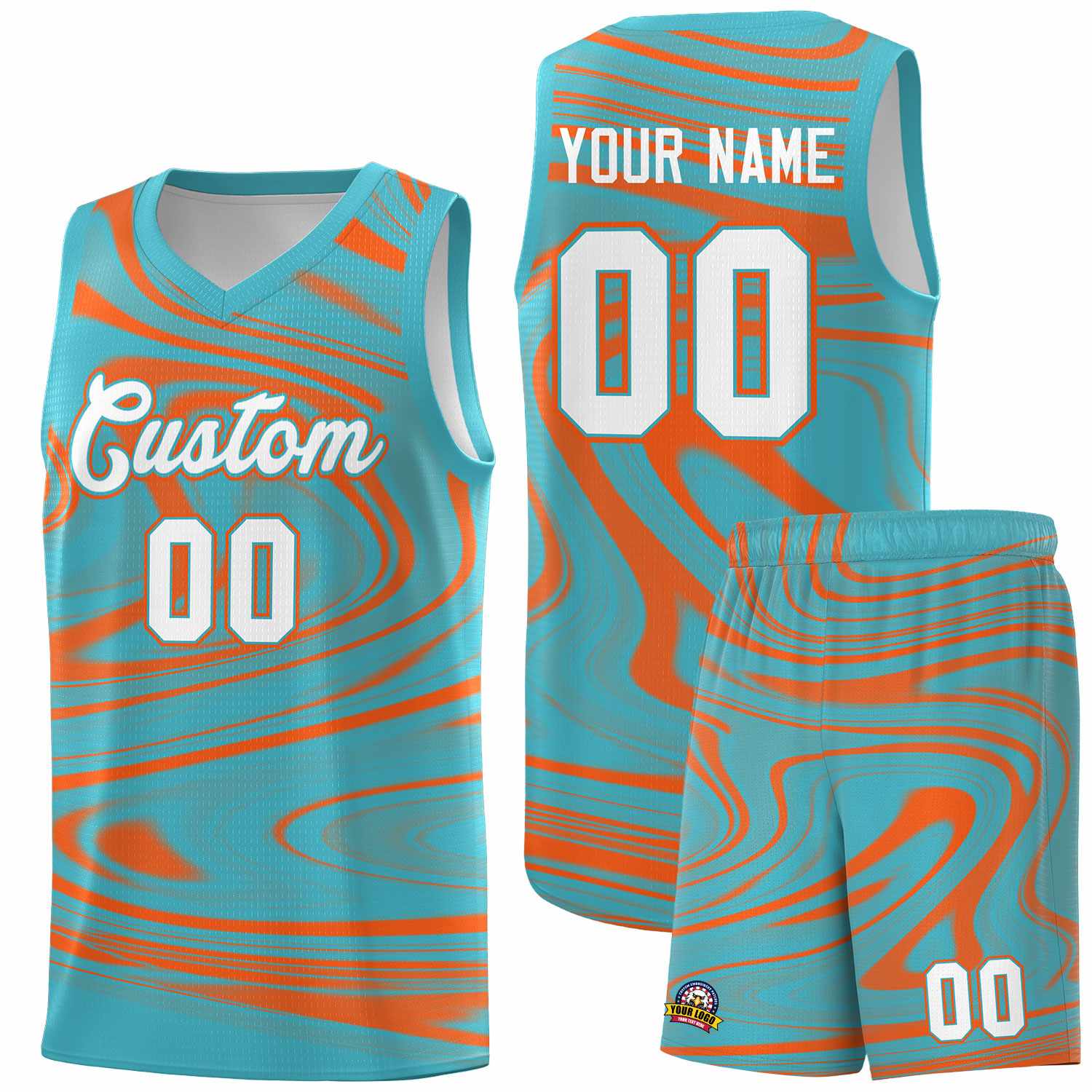 Custom Aqua Orange Graffiti Pattern Fluids Style Sports Uniform Basketball Jersey Kits|KXKSHOP