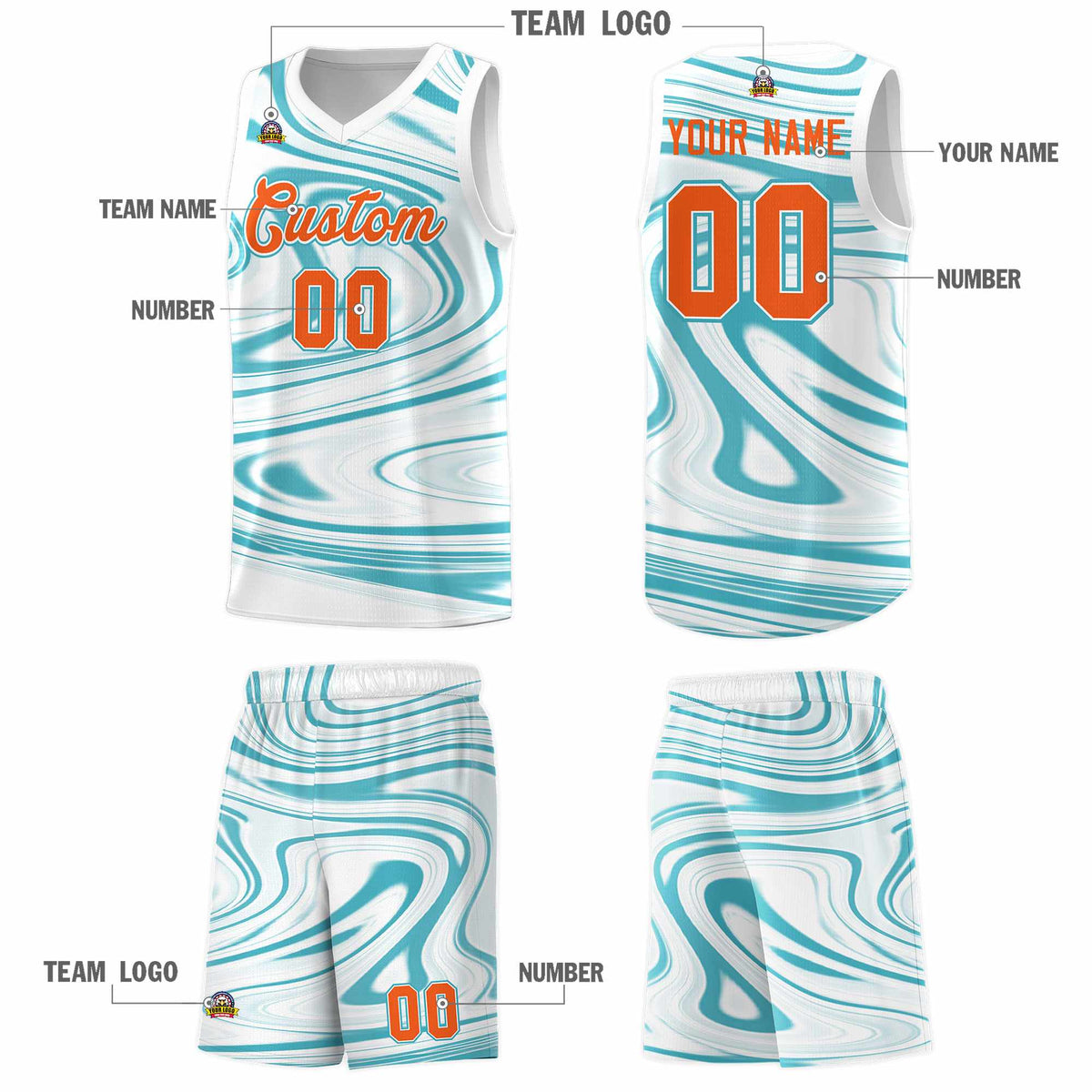 Custom White Aqua Graffiti Pattern Fluids Style Sports Uniform Basketball Jersey Kits|KXKSHOP