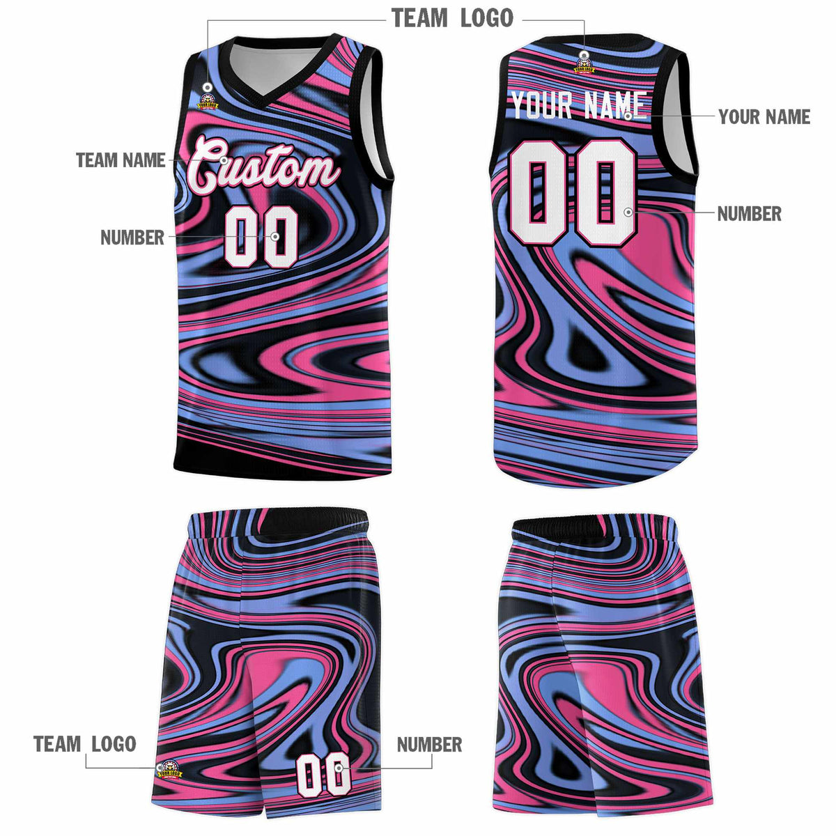 Custom Black Light Blue Graffiti Pattern Fluids Style Sports Uniform Basketball Jersey Kits|KXKSHOP