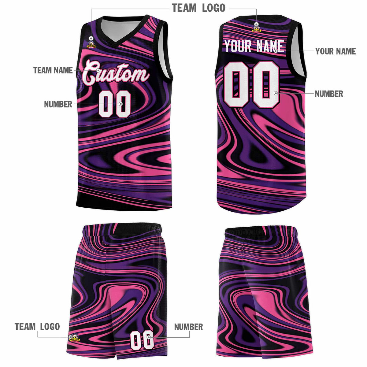 Custom Black Purple Graffiti Pattern Fluids Style Sports Uniform Basketball Jersey Kits|KXKSHOP