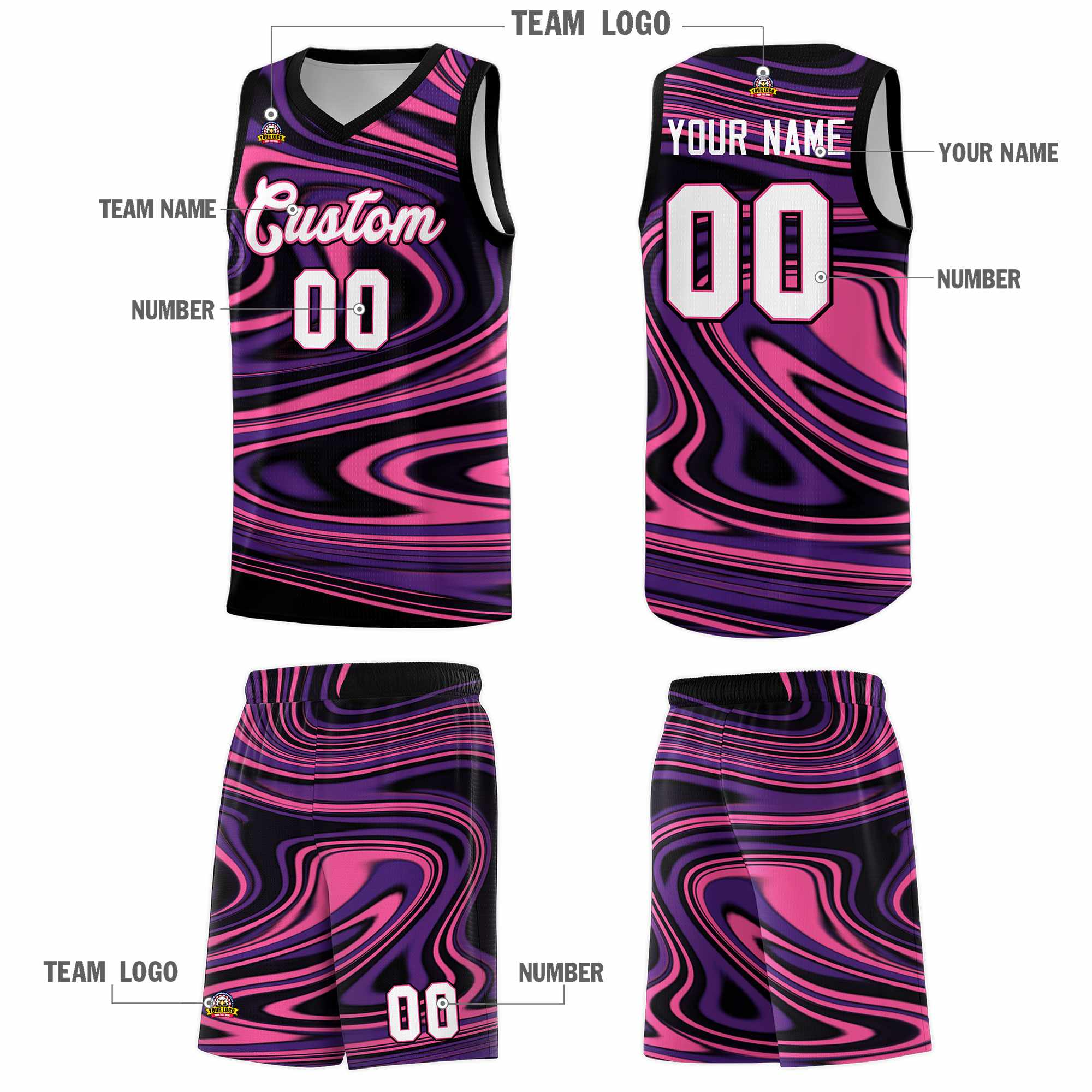 Custom Black Purple Graffiti Pattern Fluids Style Sports Uniform Basketball Jersey Kits|KXKSHOP