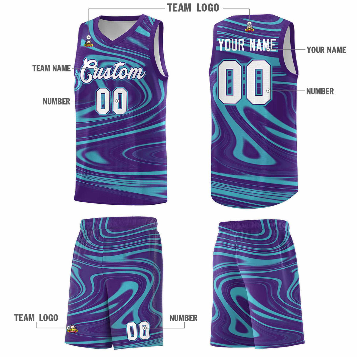 Custom Purple Aqua Graffiti Pattern Fluids Style Sports Uniform Basketball Jersey Kits|KXKSHOP