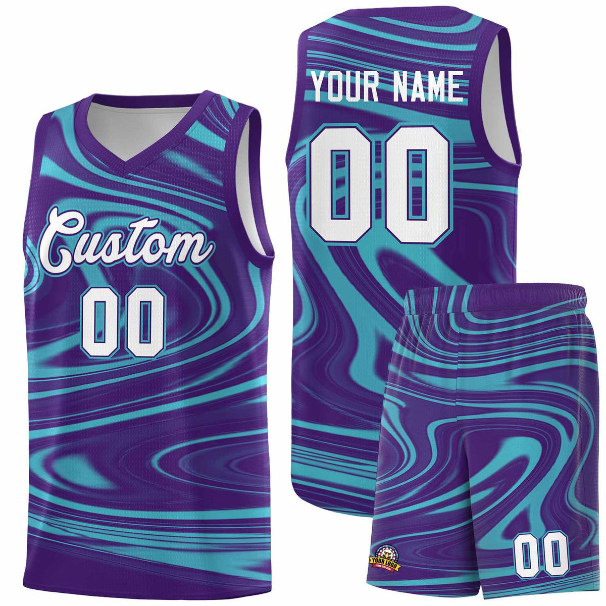 Custom Purple Aqua Graffiti Pattern Fluids Style Sports Uniform Basketball Jersey Kits|KXKSHOP