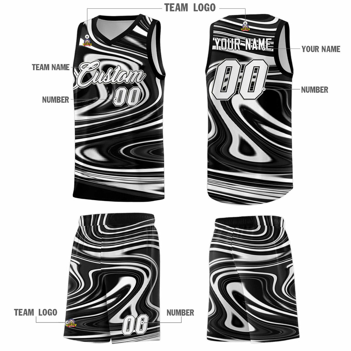 Custom Black White Graffiti Pattern Fluids Style Sports Uniform Basketball Jersey Kits|KXKSHOP