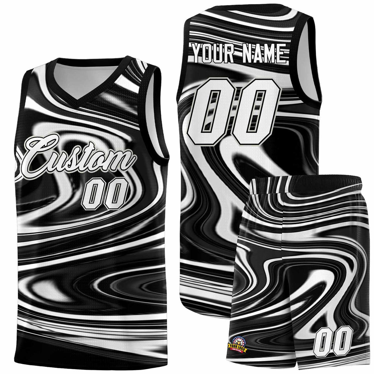 Custom Black White Graffiti Pattern Fluids Style Sports Uniform Basketball Jersey Kits|KXKSHOP
