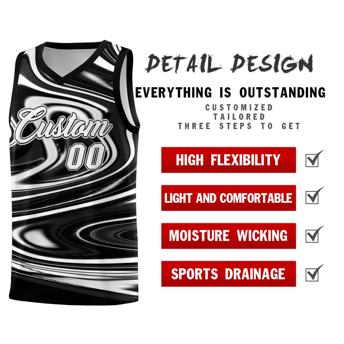 Custom Black White Graffiti Pattern Fluids Style Sports Uniform Basketball Jersey Kits|KXKSHOP