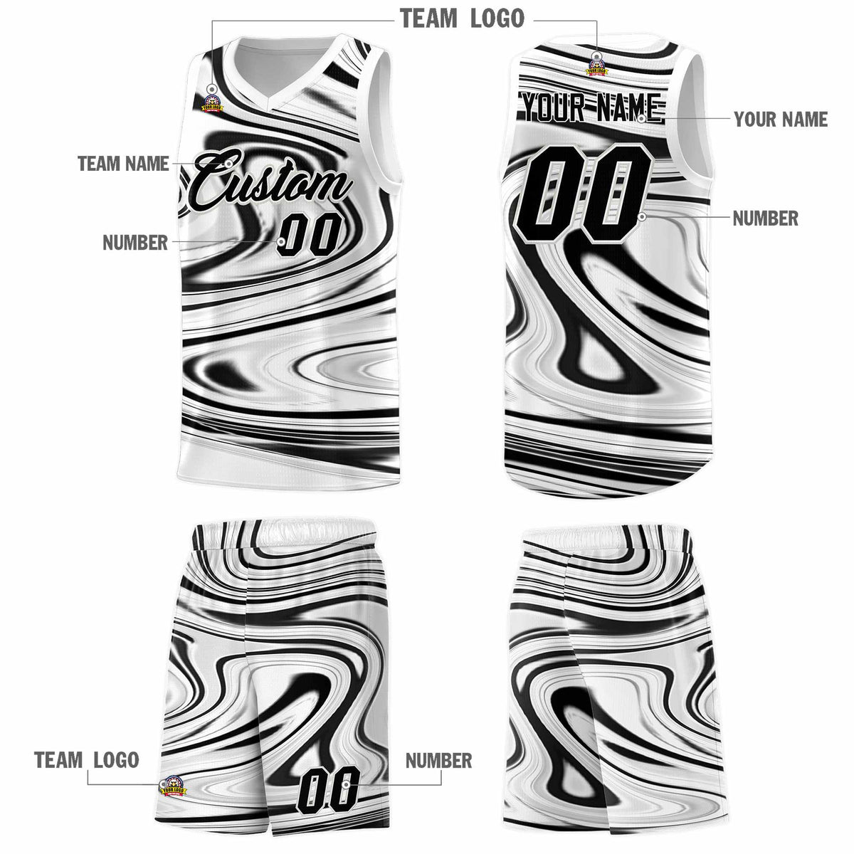 Custom White Black Graffiti Pattern Fluids Style Sports Uniform Basketball Jersey Kits|KXKSHOP