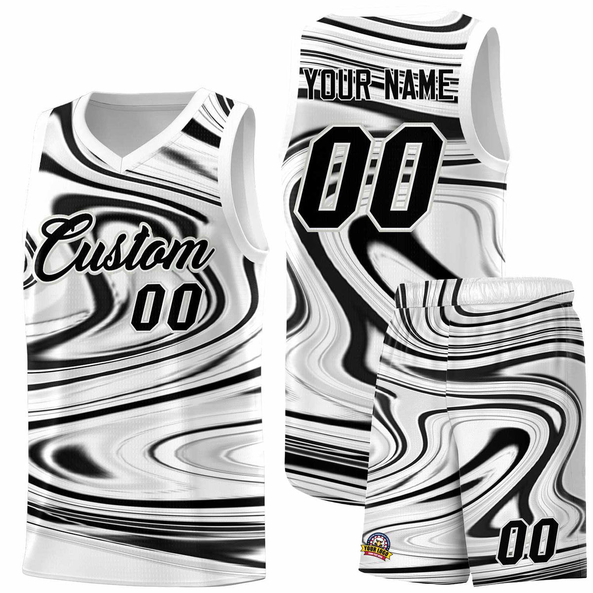 Custom White Black Graffiti Pattern Fluids Style Sports Uniform Basketball Jersey Kits|KXKSHOP