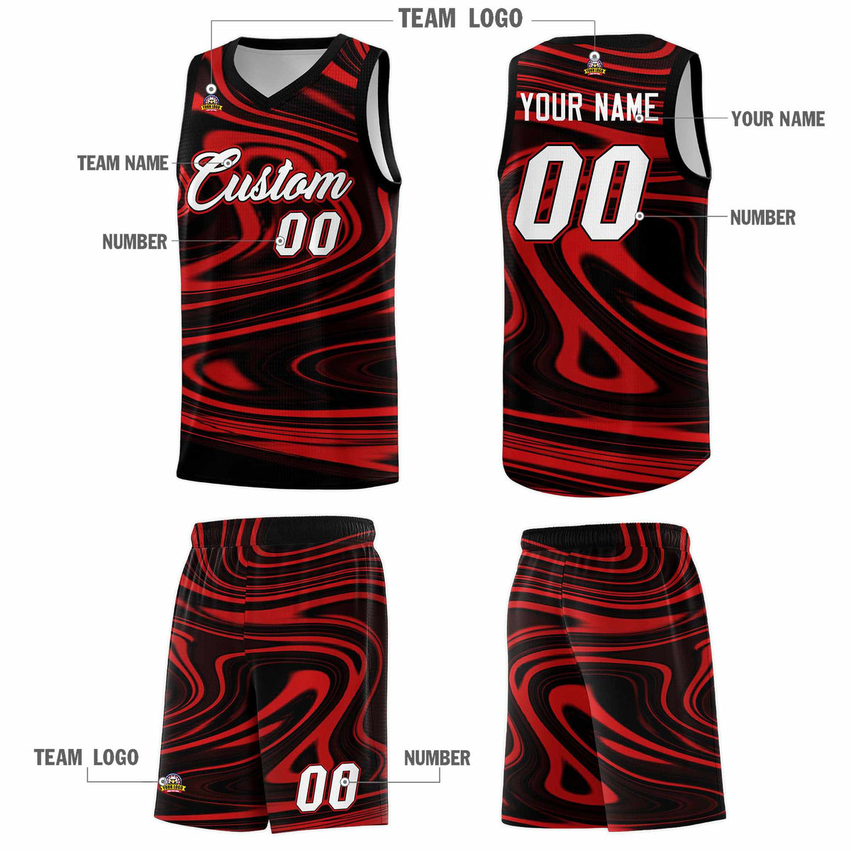 Custom Black Red Graffiti Pattern Fluids Style Sports Uniform Basketball Jersey Kits|KXKSHOP