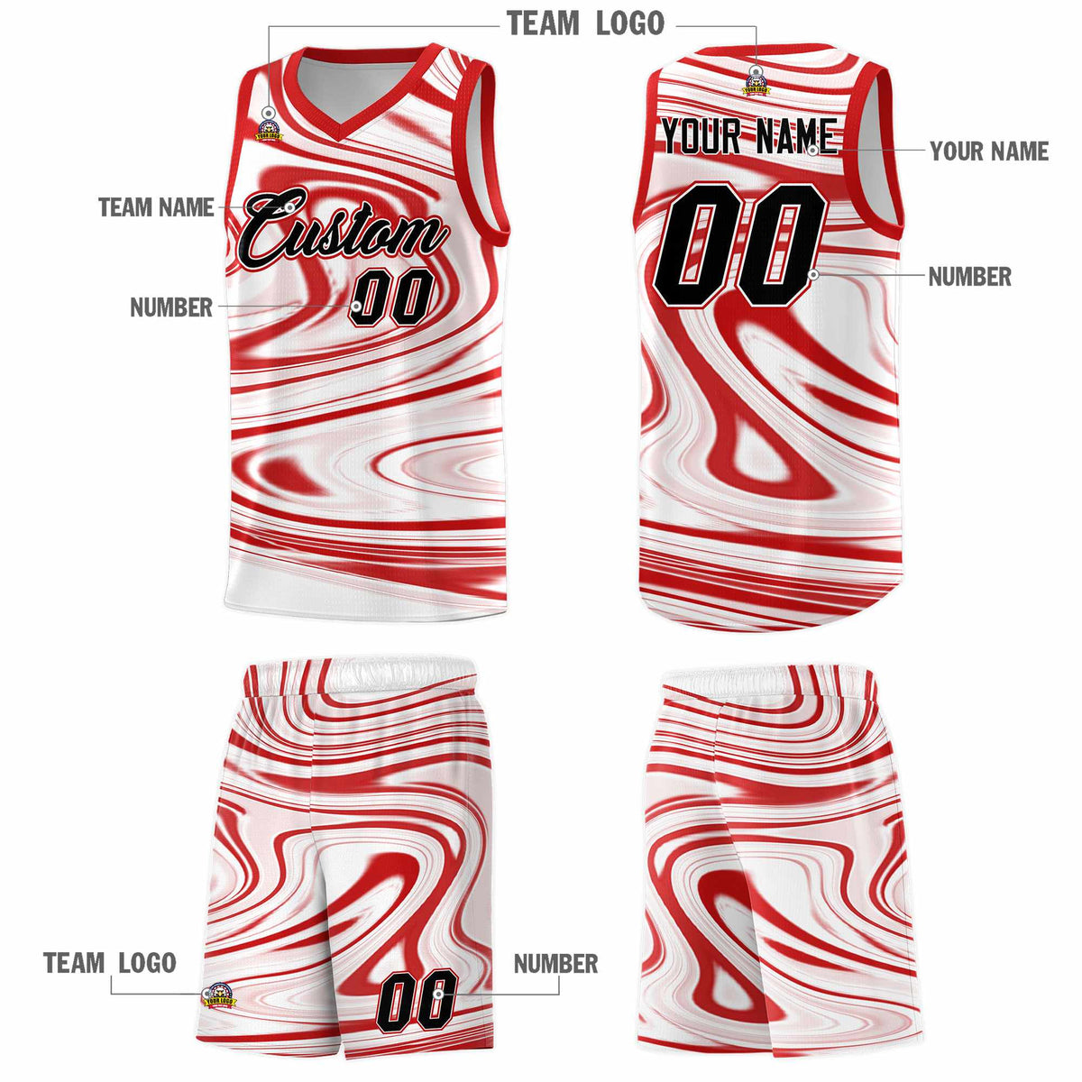 Custom White Red Graffiti Pattern Fluids Style Sports Uniform Basketball Jersey Kits|KXKSHOP