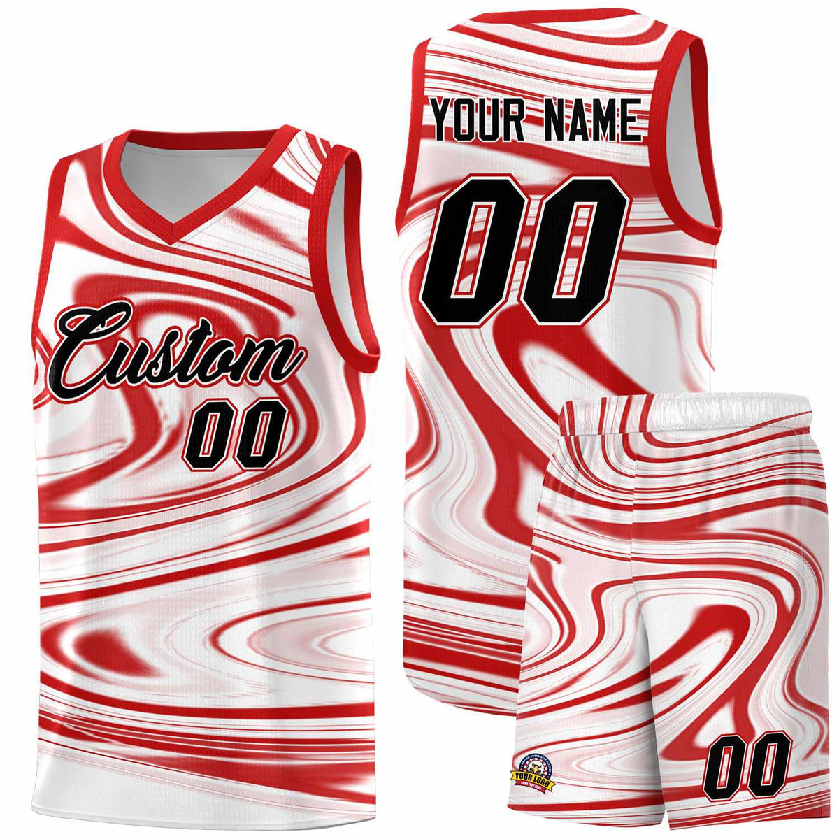 Custom White Red Graffiti Pattern Fluids Style Sports Uniform Basketball Jersey Kits|KXKSHOP