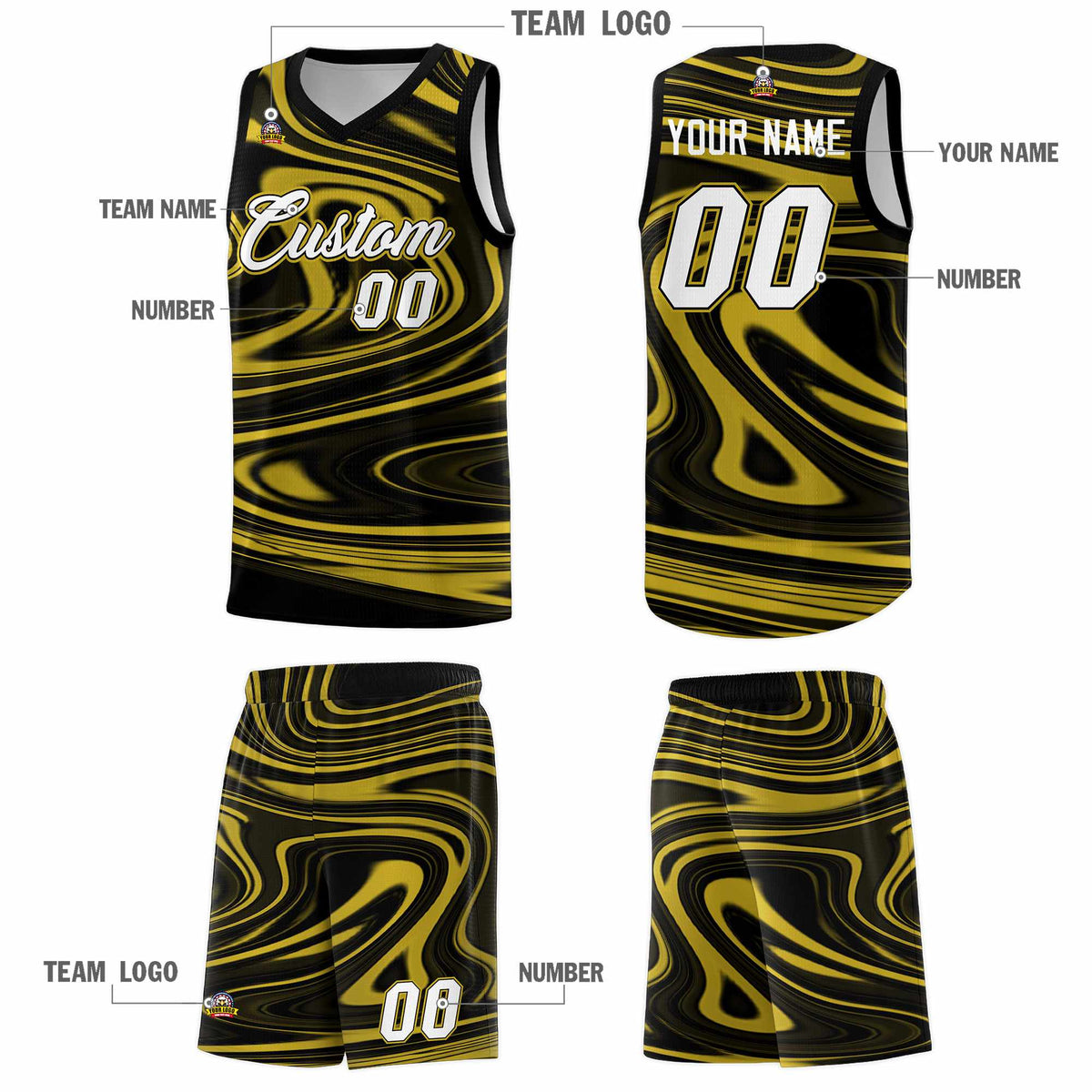 Custom Black Old Gold Graffiti Pattern Fluids Style Sports Uniform Basketball Jersey Kits|KXKSHOP
