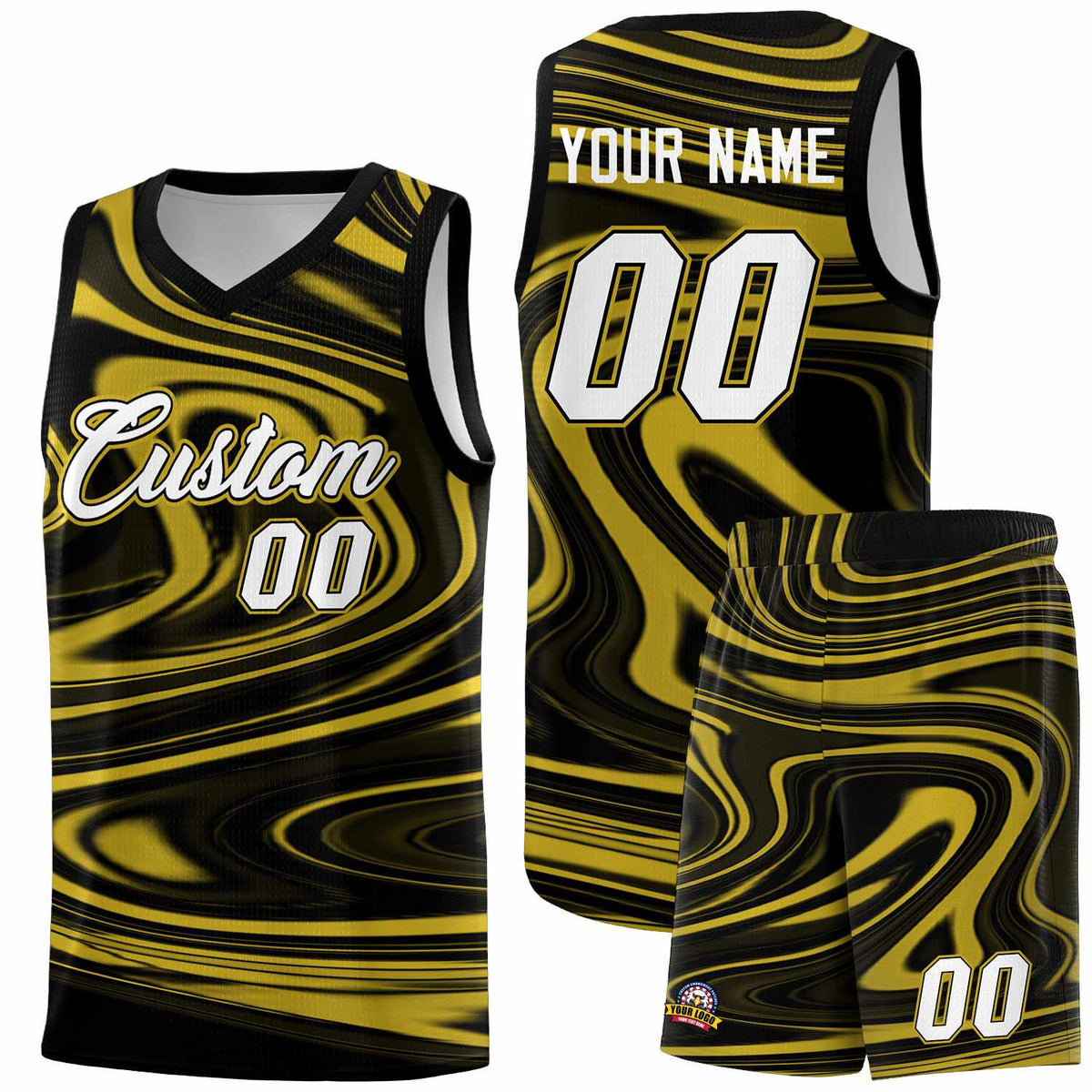Custom Black Old Gold Graffiti Pattern Fluids Style Sports Uniform Basketball Jersey Kits|KXKSHOP