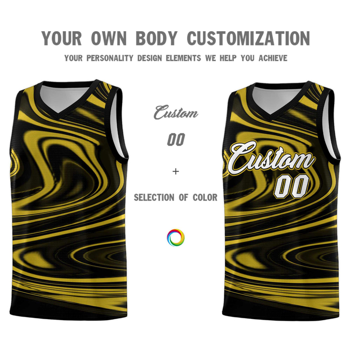Custom Black Old Gold Graffiti Pattern Fluids Style Sports Uniform Basketball Jersey Kits|KXKSHOP