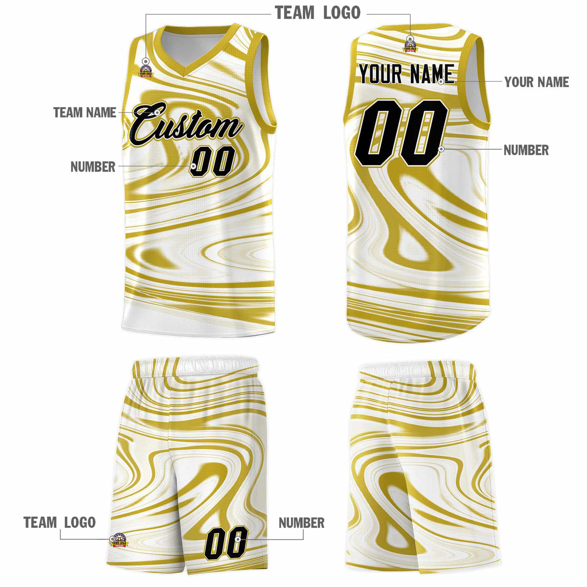 Custom White Old Gold Graffiti Pattern Fluids Style Sports Uniform Basketball Jersey Kits|KXKSHOP