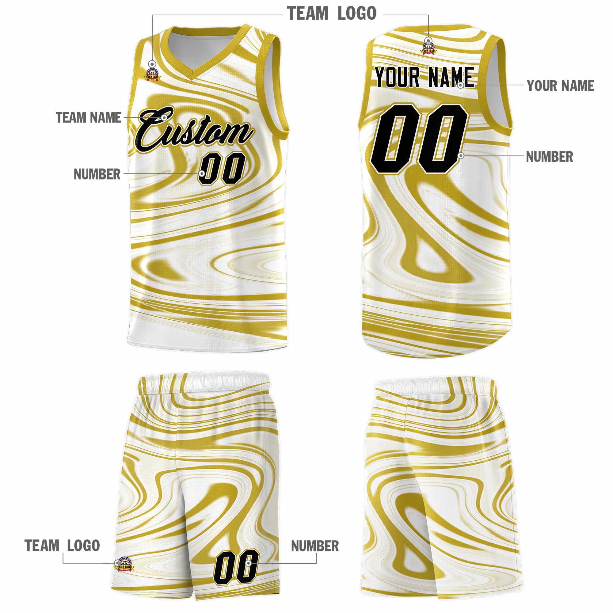 Custom White Old Gold Graffiti Pattern Fluids Style Sports Uniform Basketball Jersey Kits|KXKSHOP