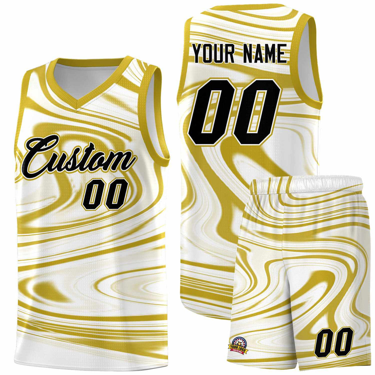 Custom White Old Gold Graffiti Pattern Fluids Style Sports Uniform Basketball Jersey Kits|KXKSHOP