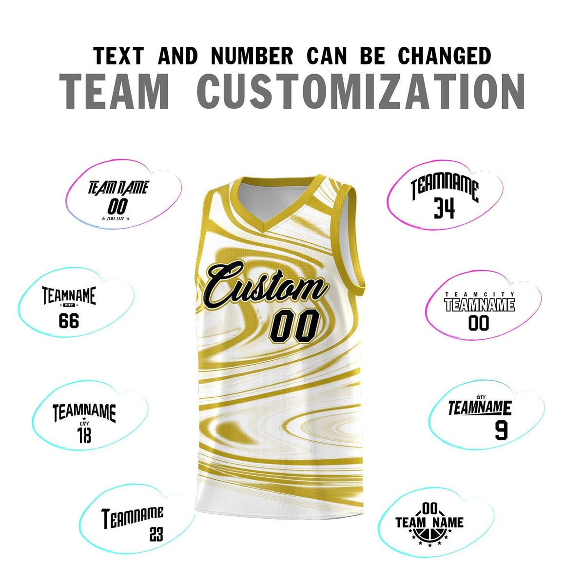 Custom White Old Gold Graffiti Pattern Fluids Style Sports Uniform Basketball Jersey Kits|KXKSHOP