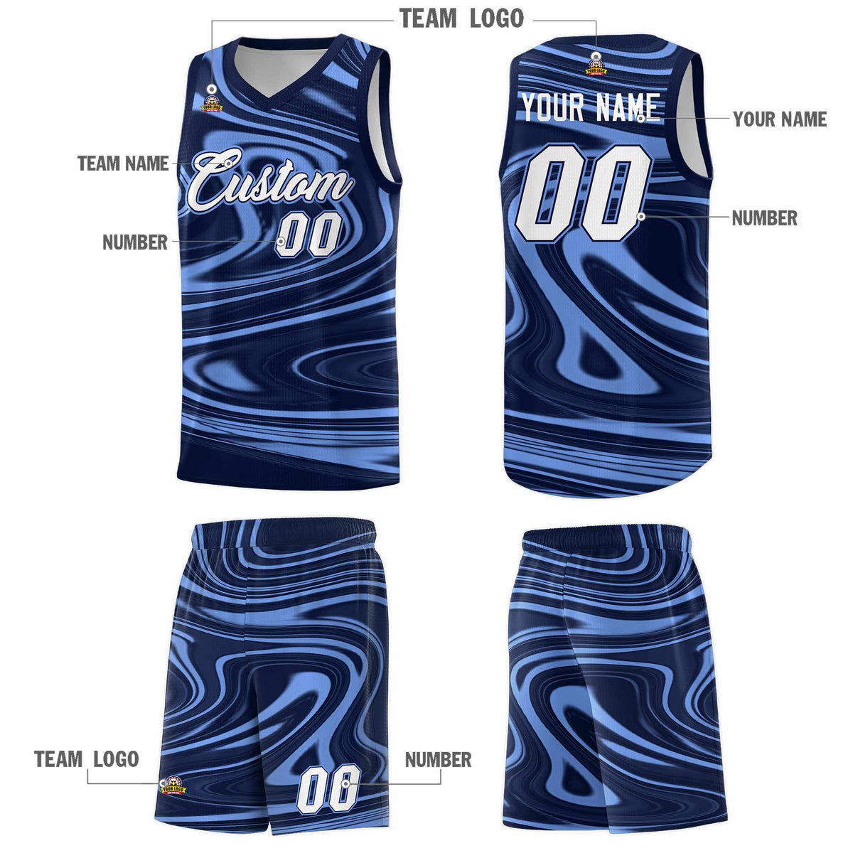 Custom Navy Light Blue Graffiti Pattern Fluids Style Sports Uniform Basketball Jersey Kits|KXKSHOP