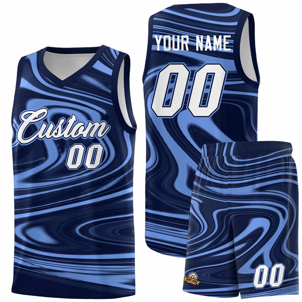 Custom Navy Light Blue Graffiti Pattern Fluids Style Sports Uniform Basketball Jersey Kits|KXKSHOP