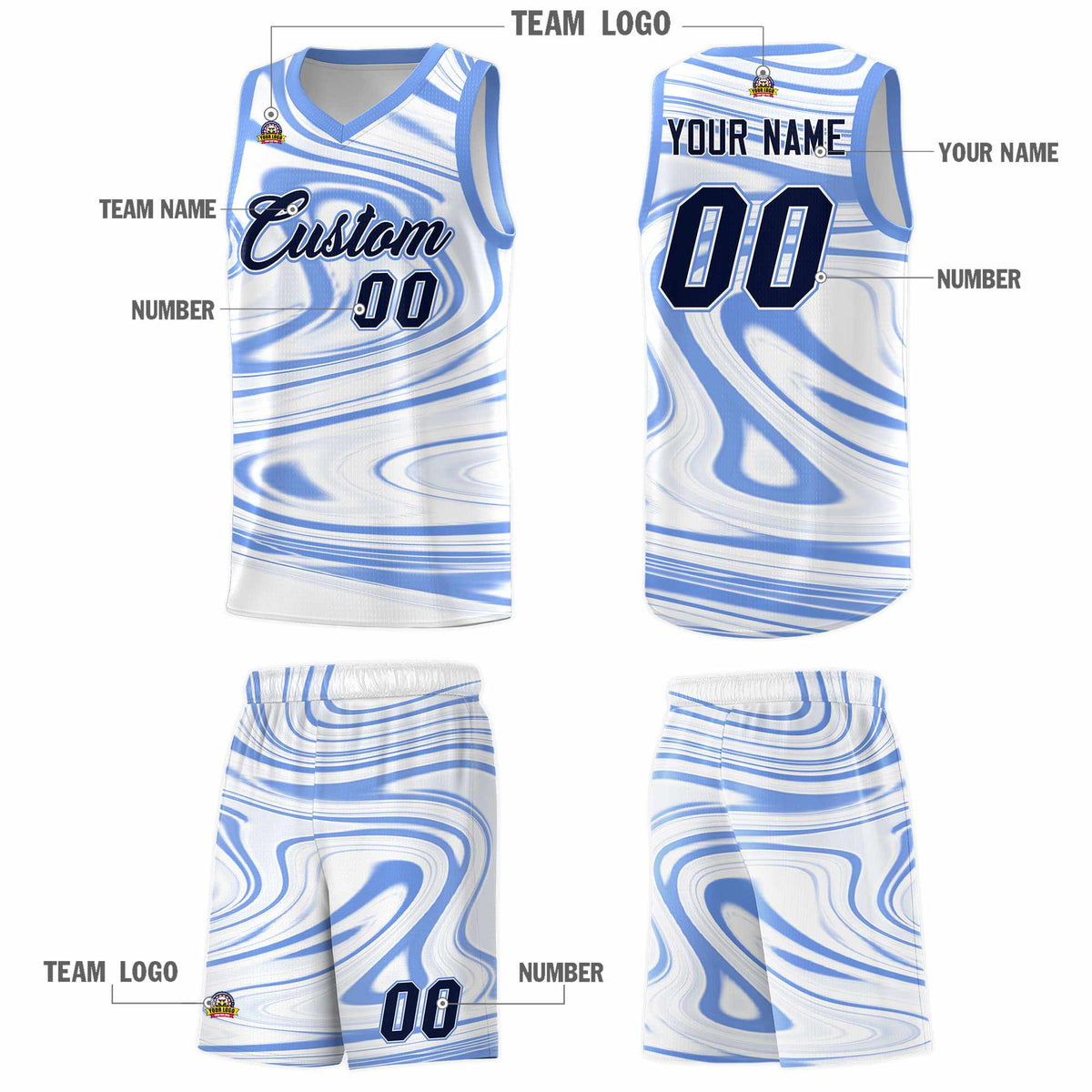 Custom White Light Blue Graffiti Pattern Fluids Style Sports Uniform Basketball Jersey Kits|KXKSHOP