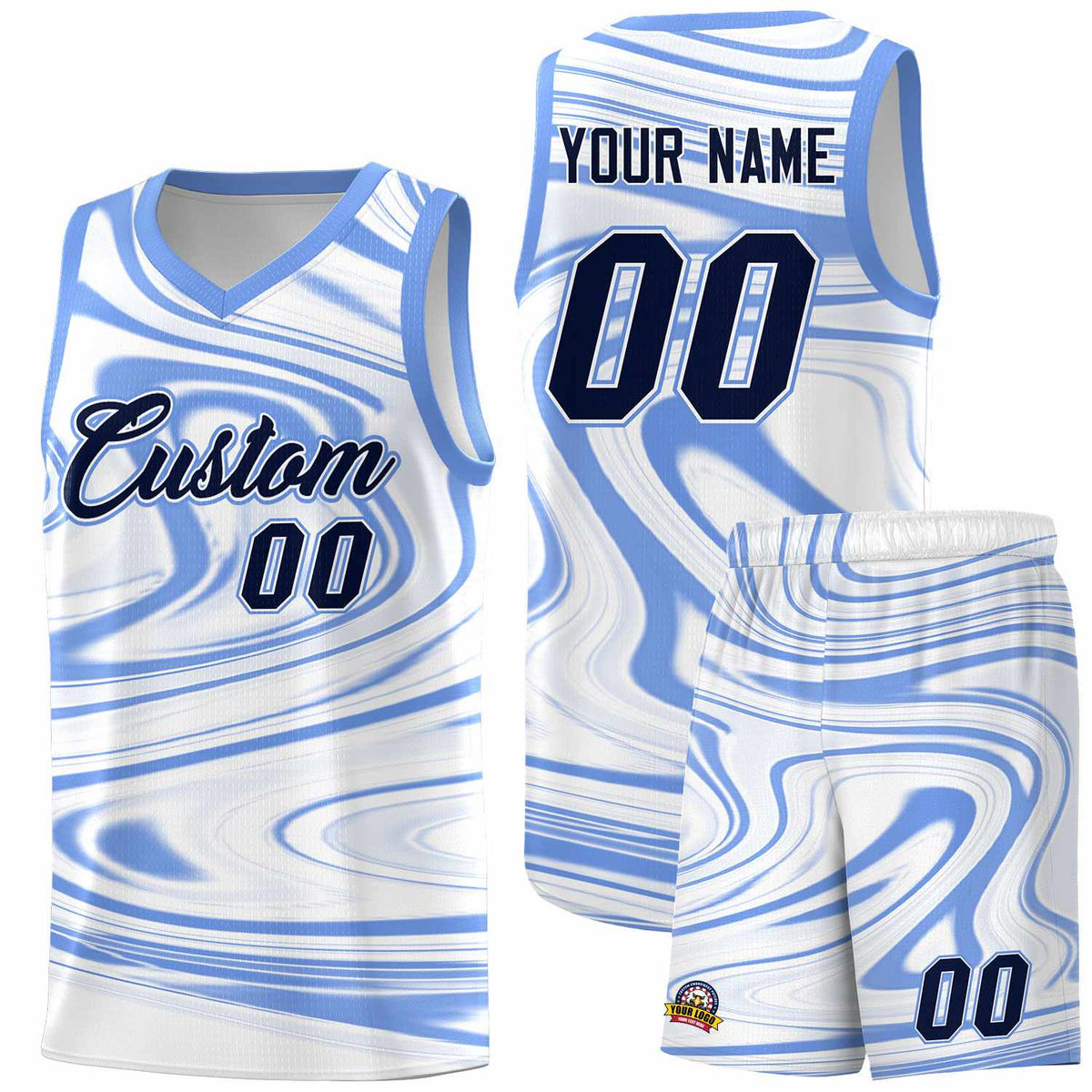 Custom White Light Blue Graffiti Pattern Fluids Style Sports Uniform Basketball Jersey Kits|KXKSHOP