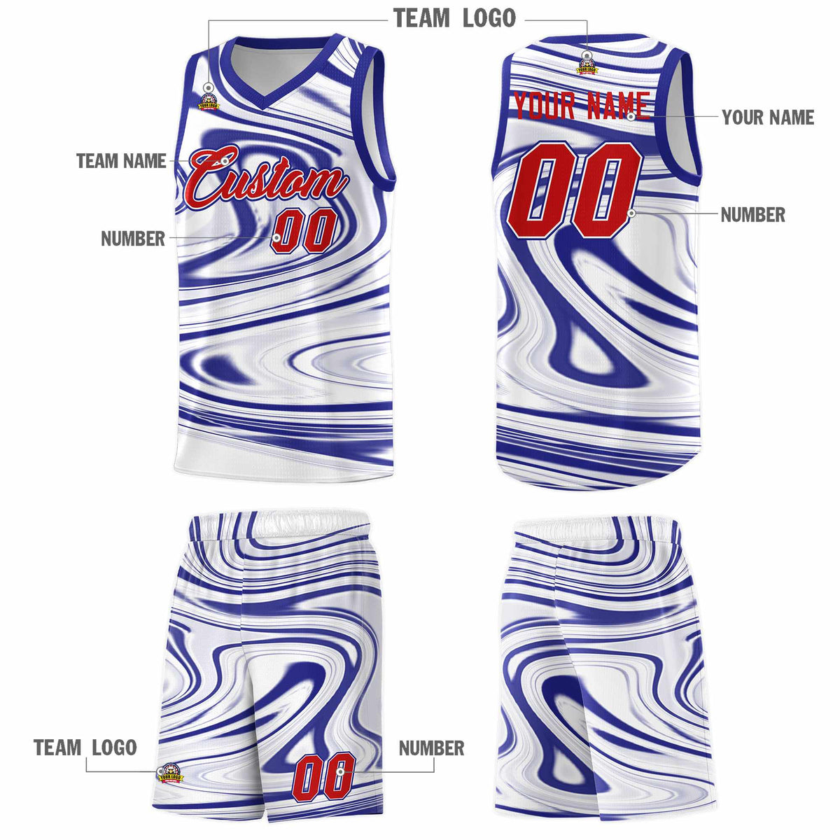 Custom White Royal Graffiti Pattern Fluids Style Sports Uniform Basketball Jersey Kits|KXKSHOP