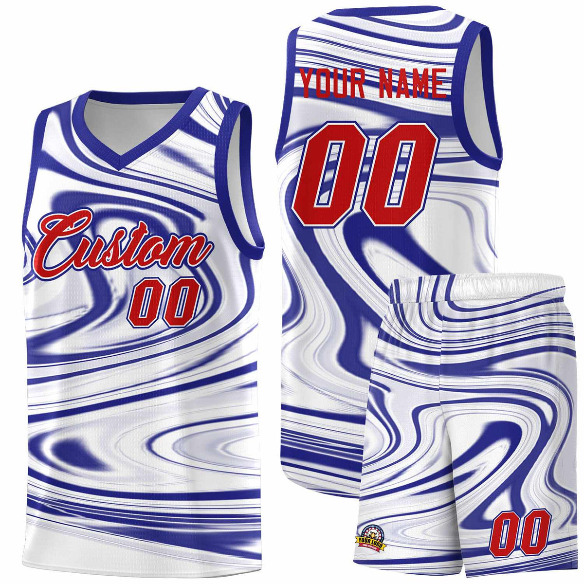 Custom White Royal Graffiti Pattern Fluids Style Sports Uniform Basketball Jersey Kits|KXKSHOP