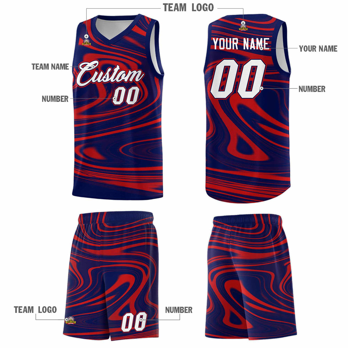 Custom Navy Red Graffiti Pattern Fluids Style Sports Uniform Basketball Jersey Kits|KXKSHOP