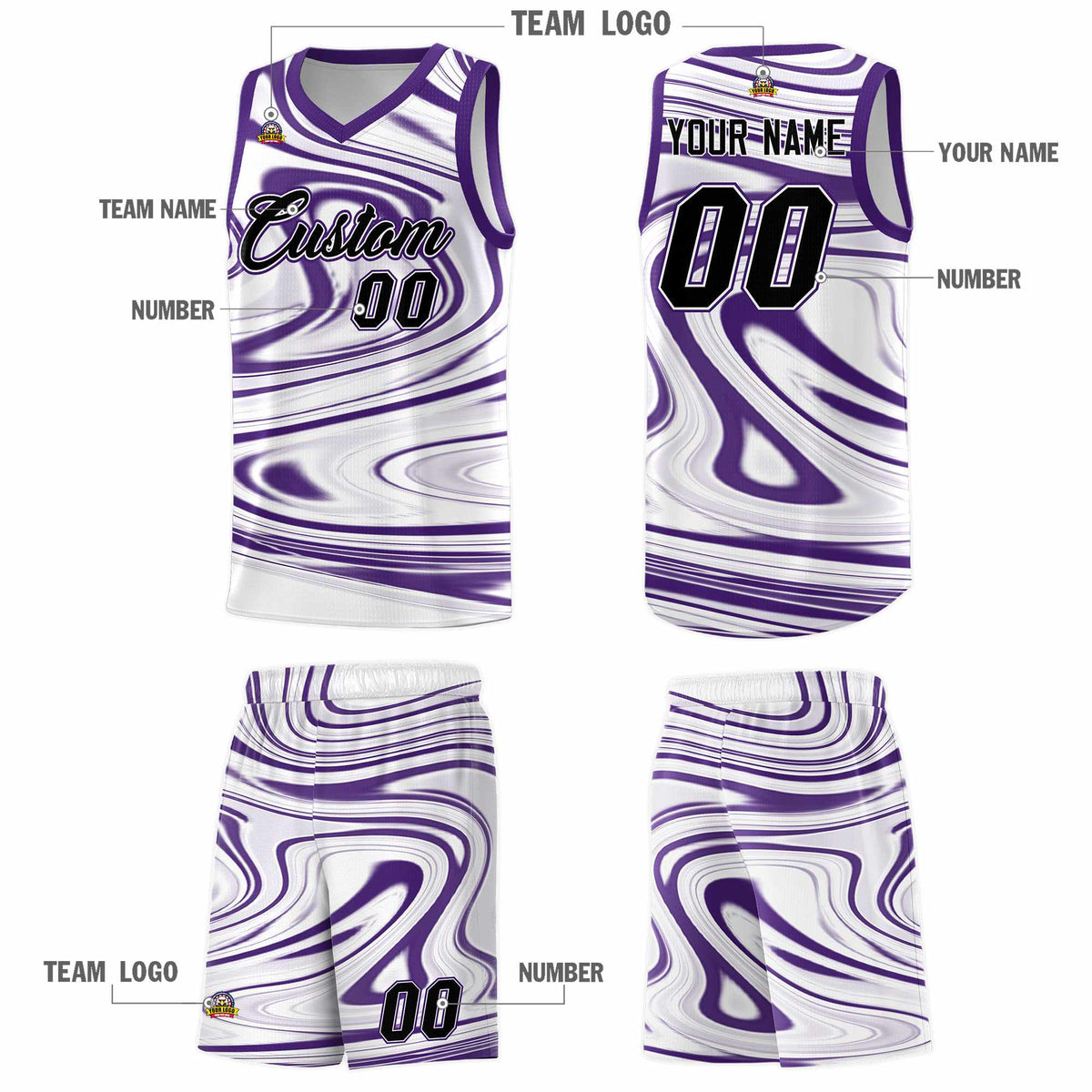 Custom White Purple Graffiti Pattern Fluids Style Sports Uniform Basketball Jersey Kits|KXKSHOP