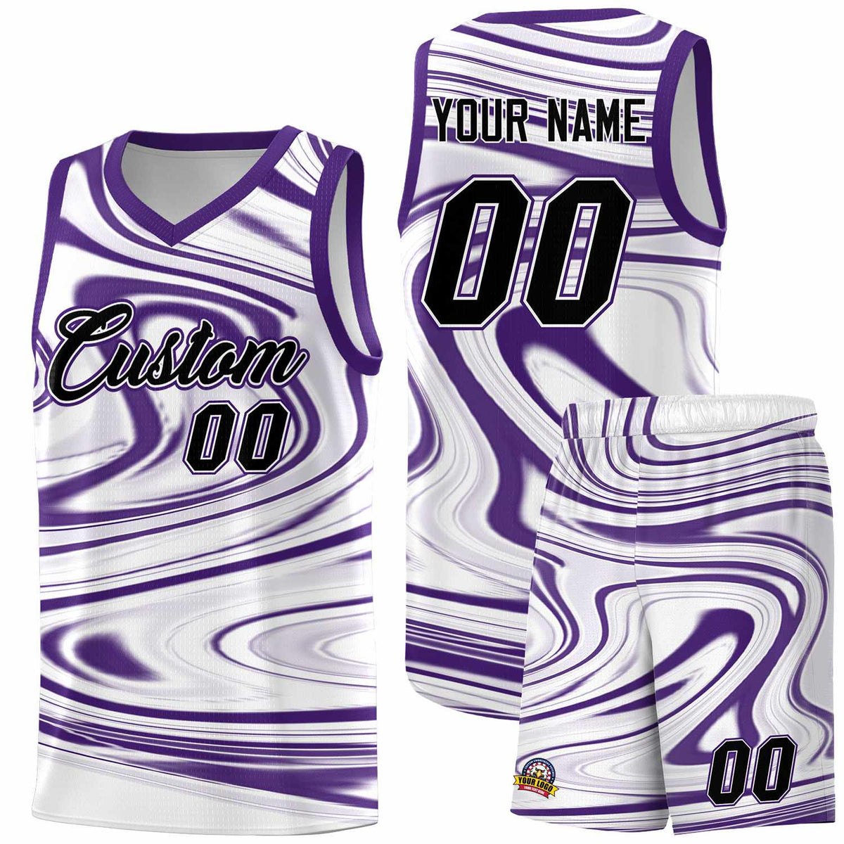 Custom White Purple Graffiti Pattern Fluids Style Sports Uniform Basketball Jersey Kits|KXKSHOP