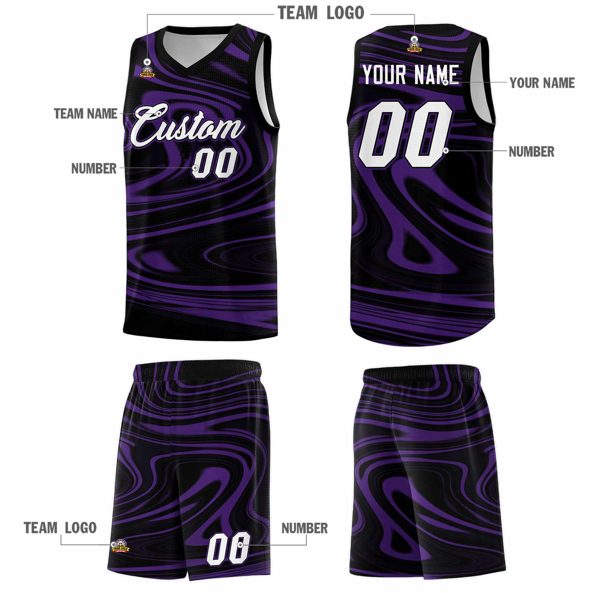 Custom Black Purple Graffiti Pattern Fluids Style Sports Uniform Basketball Jersey Kits|KXKSHOP
