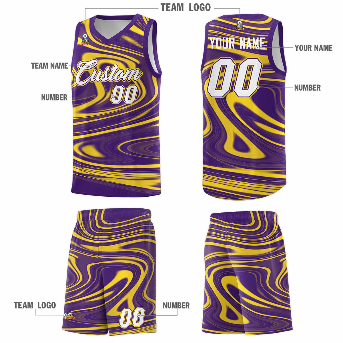 Custom Purple Gold Graffiti Pattern Fluids Style Sports Uniform Basketball Jersey Kits|KXKSHOP