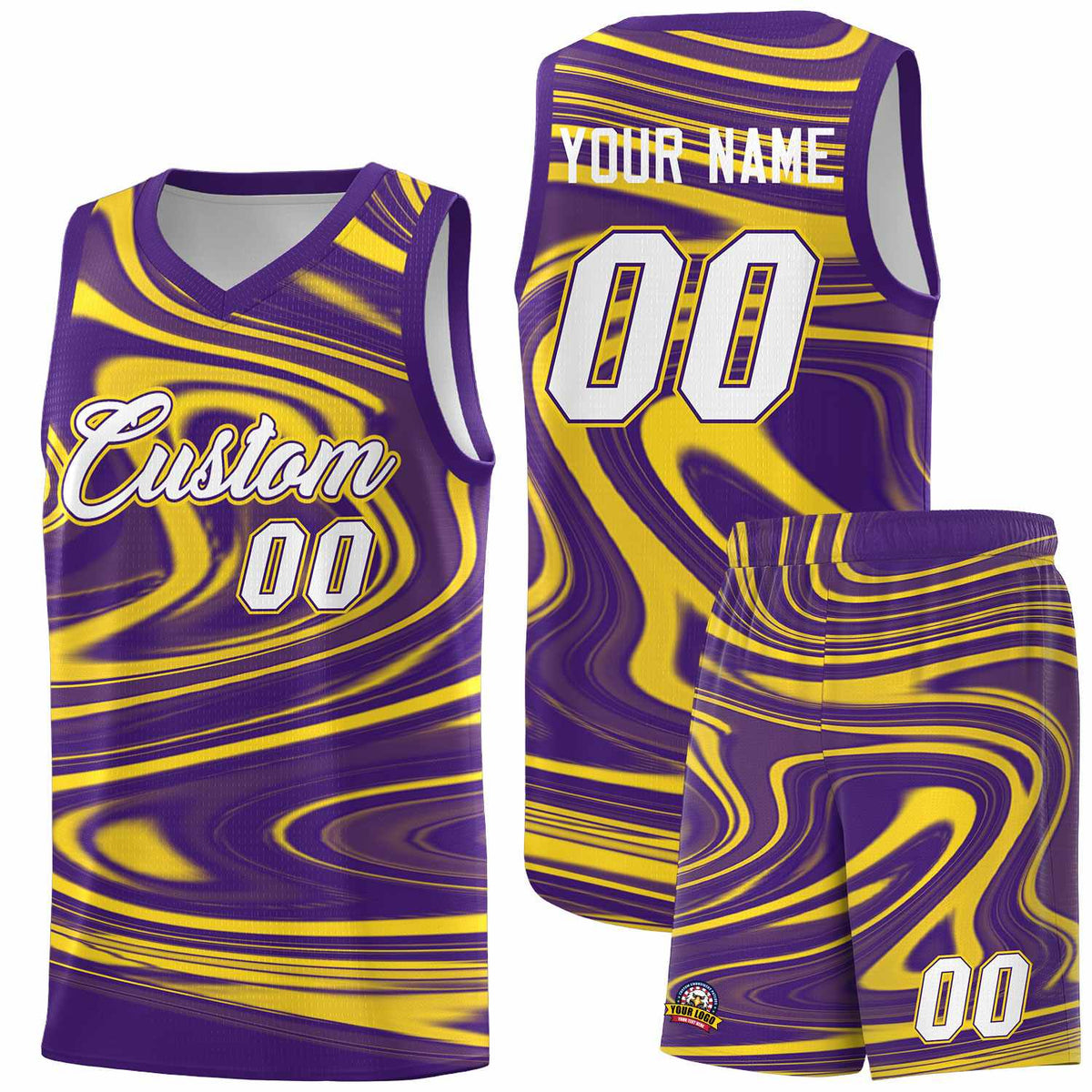 Custom Purple Gold Graffiti Pattern Fluids Style Sports Uniform Basketball Jersey Kits|KXKSHOP