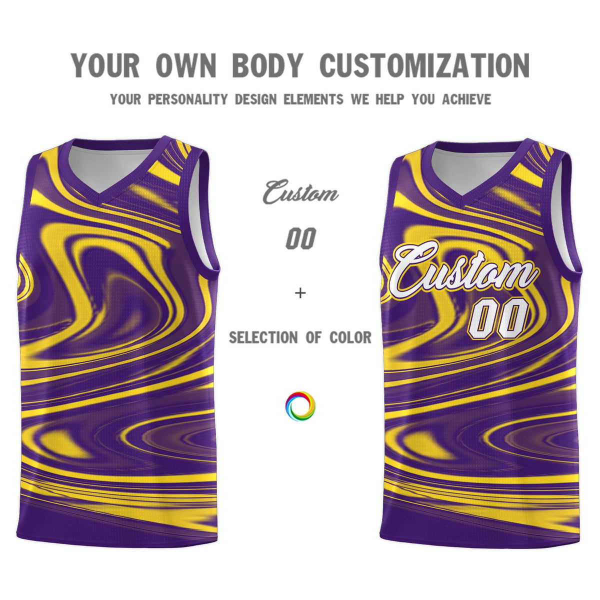 Custom Purple Gold Graffiti Pattern Fluids Style Sports Uniform Basketball Jersey Kits|KXKSHOP