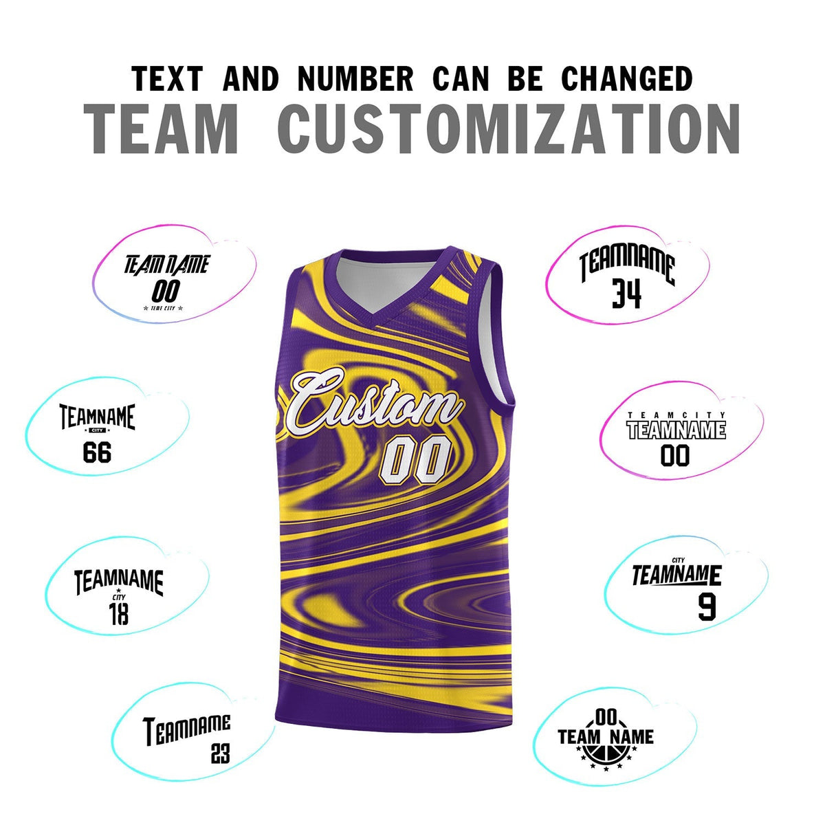 Custom Purple Gold Graffiti Pattern Fluids Style Sports Uniform Basketball Jersey Kits|KXKSHOP