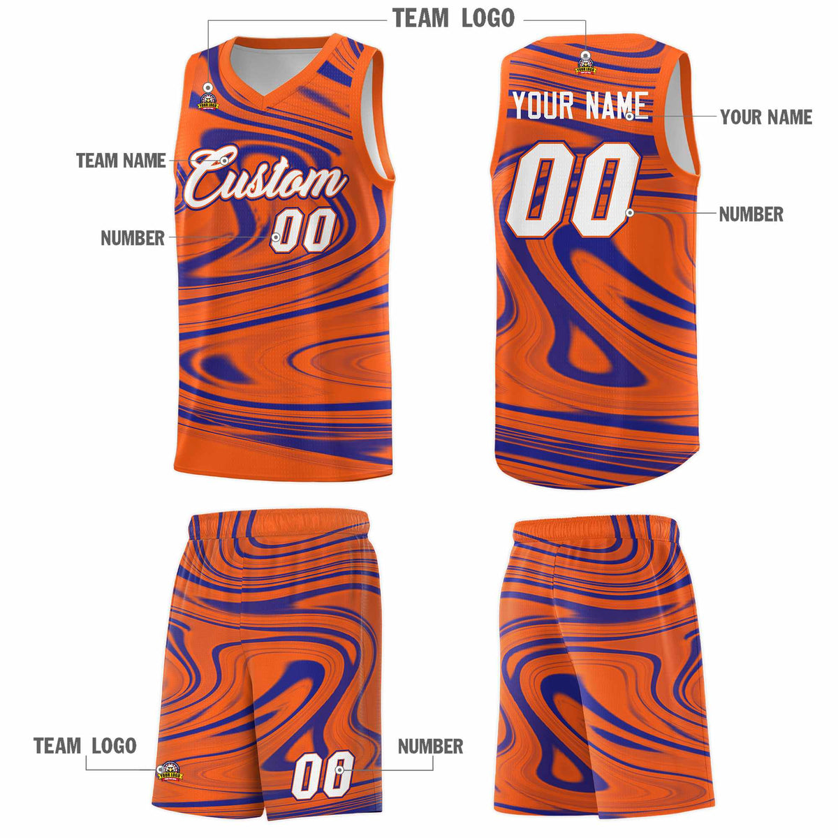 Custom Orange Royal Graffiti Pattern Fluids Style Sports Uniform Basketball Jersey Kits|KXKSHOP