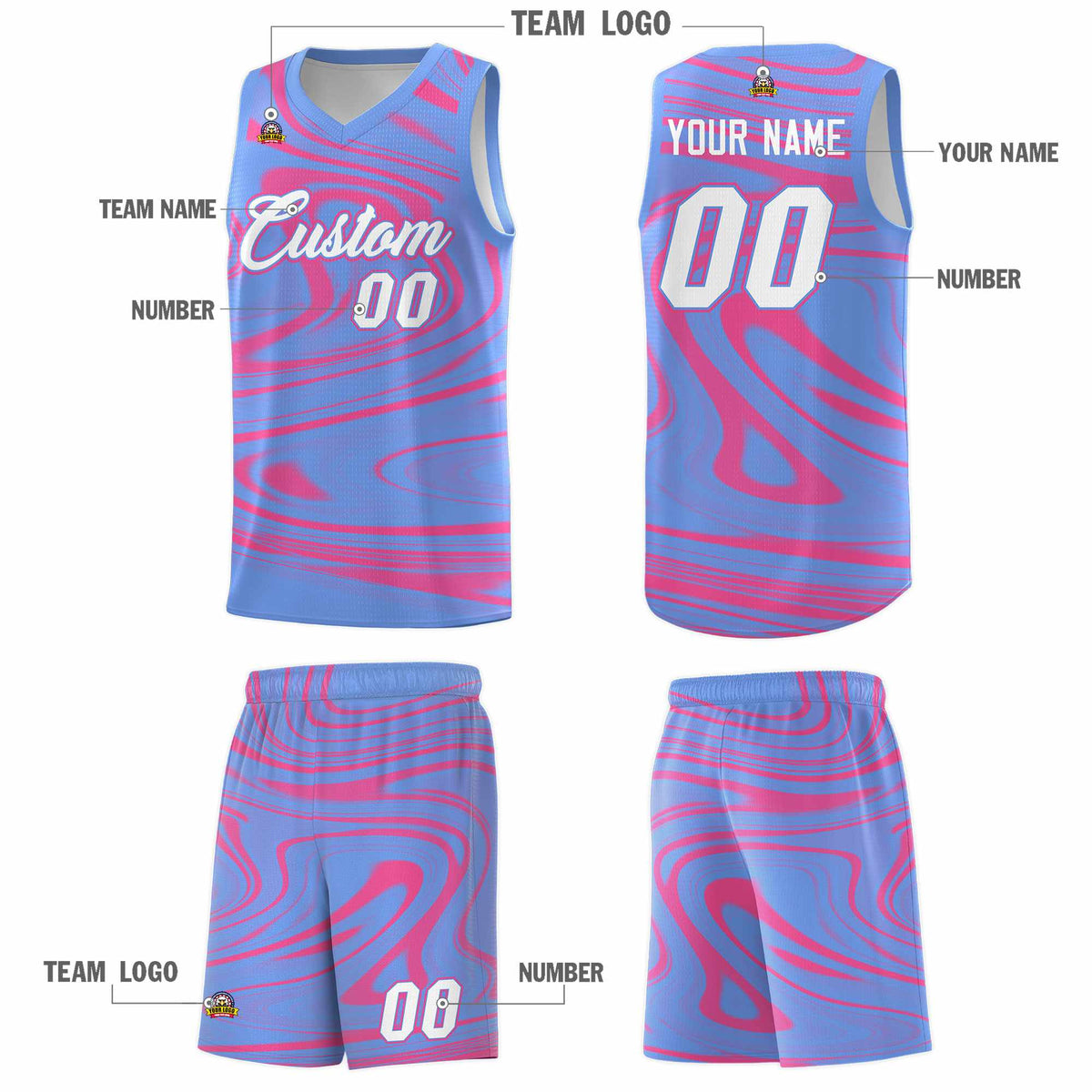 Custom Light Blue Pink Graffiti Pattern Fluids Style Sports Uniform Basketball Jersey Kits|KXKSHOP