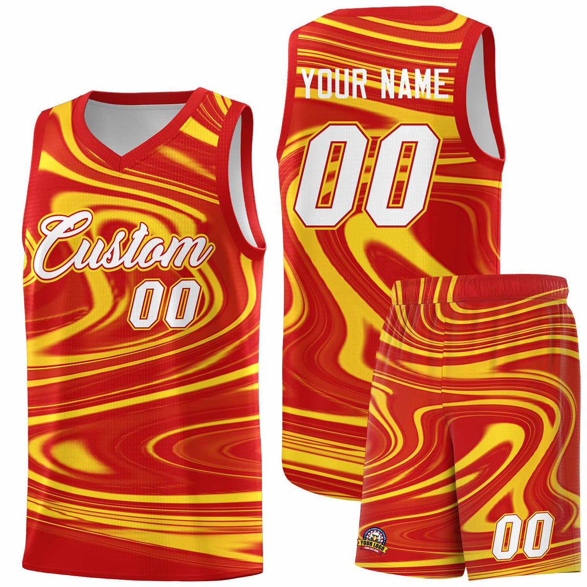Custom Red Gold Graffiti Pattern Fluids Style Sports Uniform Basketball Jersey Kits|KXKSHOP